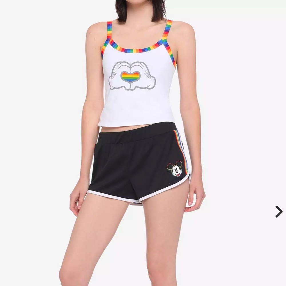 NEW !! Disney Mickey Mouse Hands Rainbow Heart Strappy Crop Tank